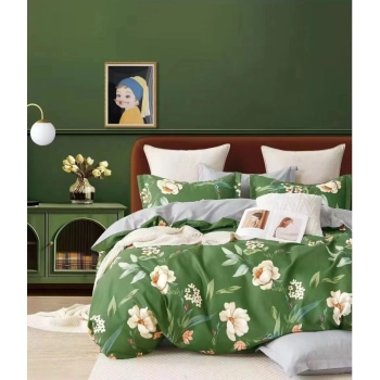 Pościel 160x200 flanelowa zielona beżowa kwiaty FL660